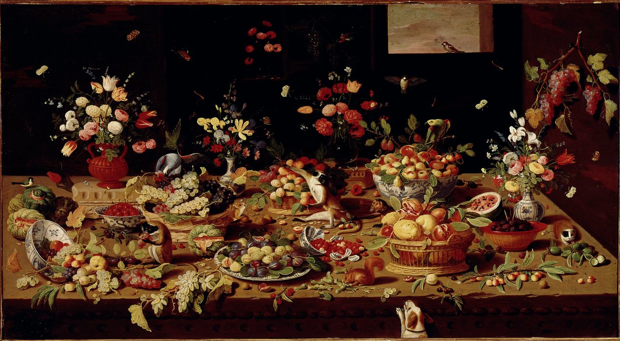 Stilleben med frukt och blommor Bord med fat med fikon, plommon, granatäpplen, vindruvor, persikor. Kopparmålning av Jan Van Kessel (1626-1679) Galleria Doria Pamphilj, Rom - Stilleben av blommor, frukt och djur, av Jan Van Kessel (1626-79). av Jan van the Elder Kessel