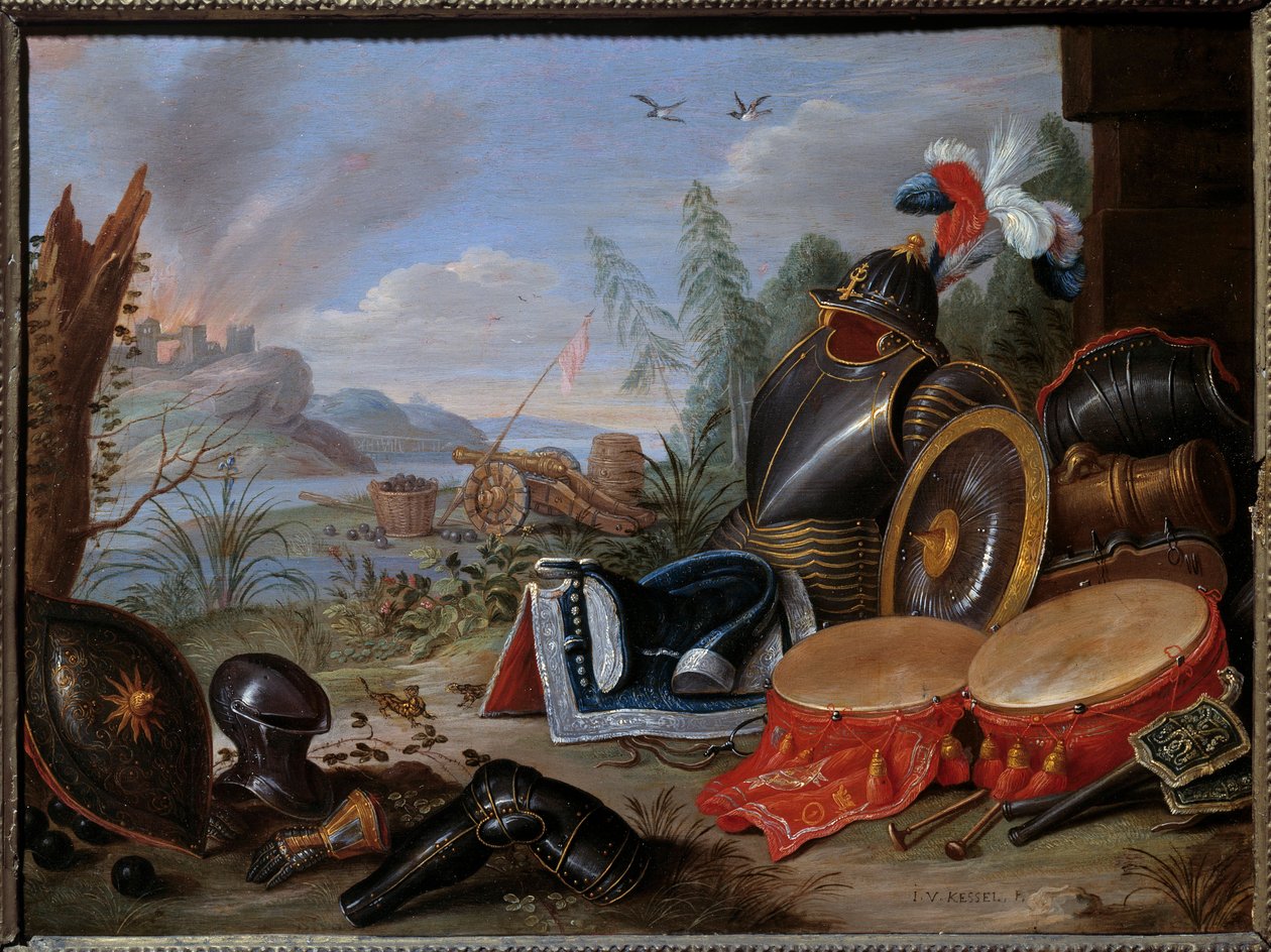 Trofé av vapen. Målning av Jan I Kessel Den gamle (1626-1679) Ec. Flam. av Jan van the Elder Kessel