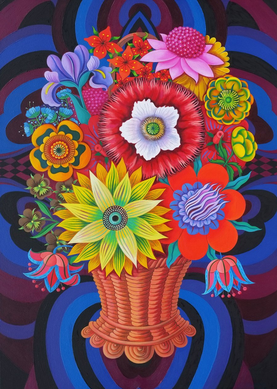Blommar i en korg, 2013, av Jane Tattersfield