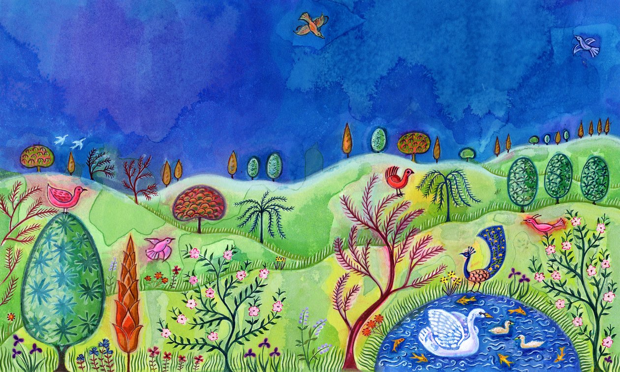 Landskap med svan, 2002, (bläck och gouache) av Jane Tattersfield