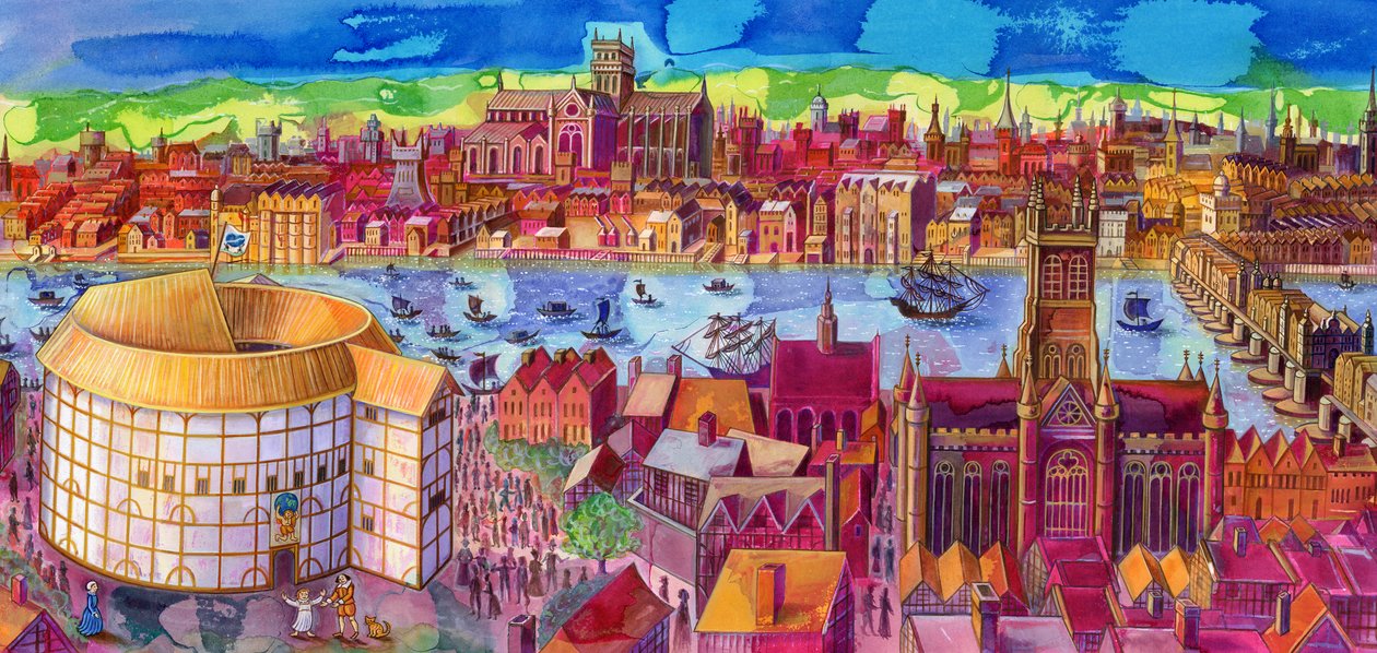 Shakespeares Globe Theatre på Southbank, 2006, (bläck och gouache) av Jane Tattersfield