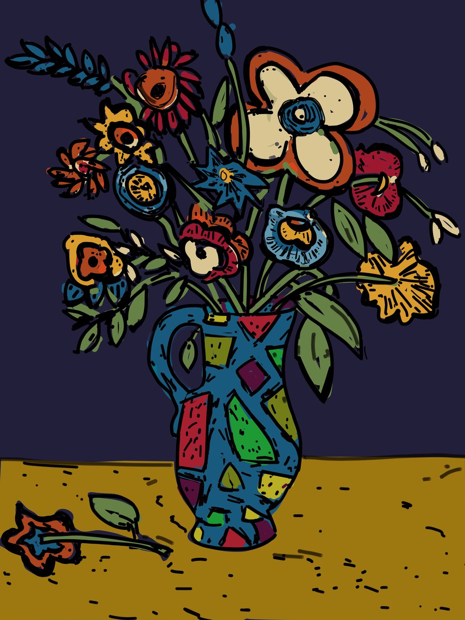 Flowers in a loudware Jug, 2012 (omfärgad i photoshop från original linosnitt) av Jane Willingale