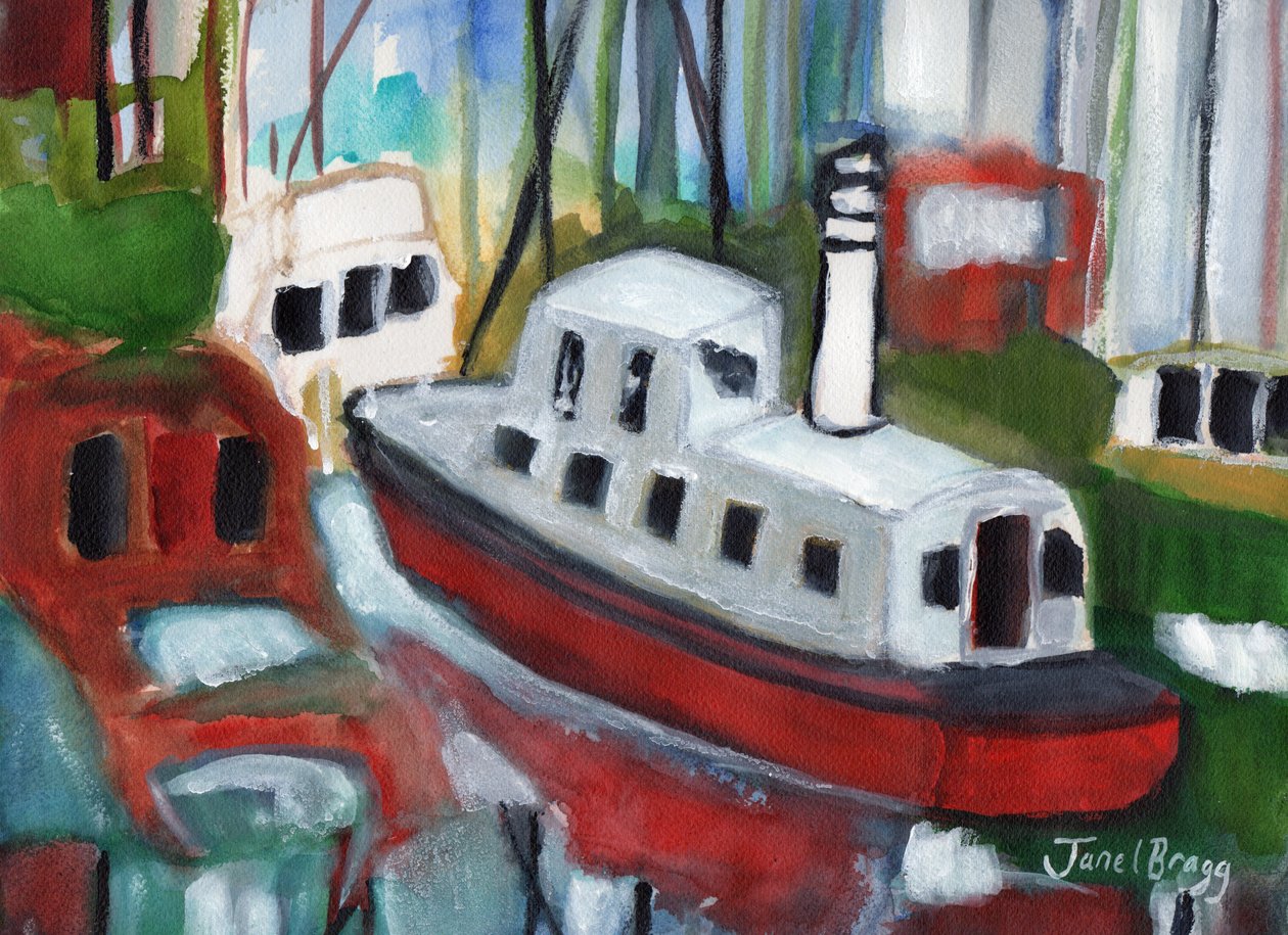 Boats in Cap Sante Marina, ca 2018 (akvarell och kasein på papper) av Janel Bragg