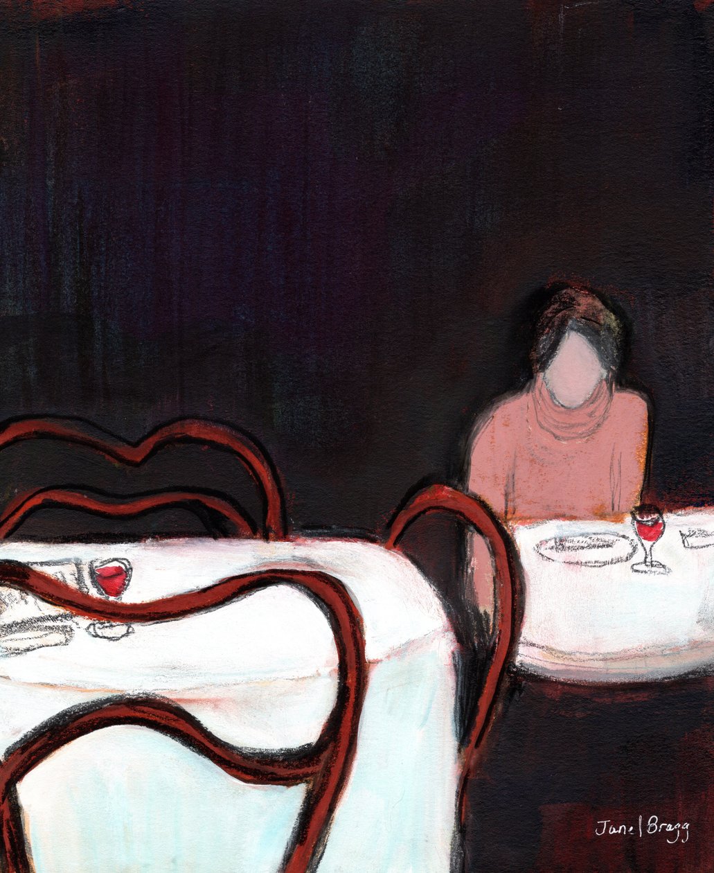 Cafe Sabarsky Solo Diner, ca 2024 (blandteknik på papper) av Janel Bragg