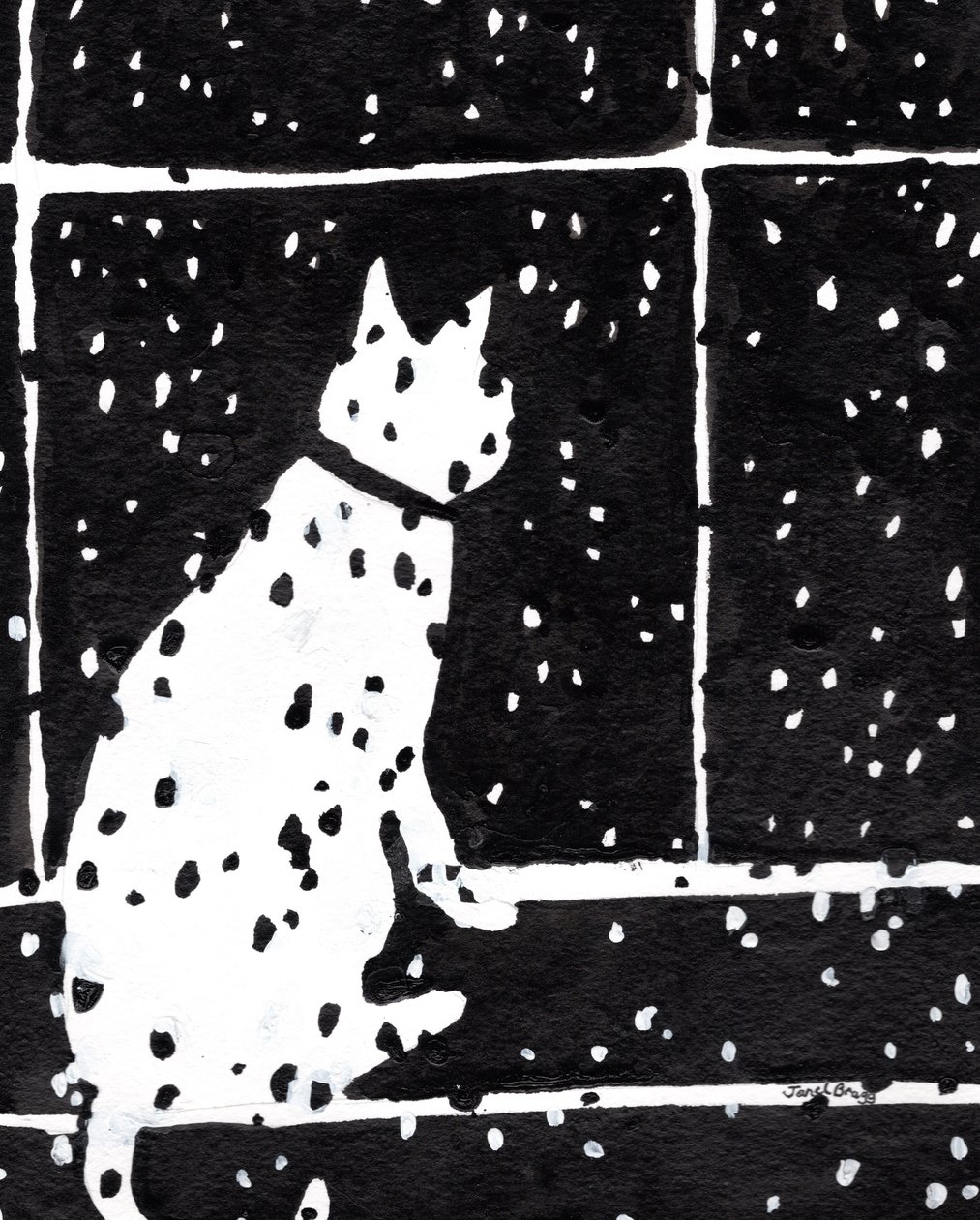 Katt i fönster under snöstorm, ca 2019 (bläck på papper) av Janel Bragg