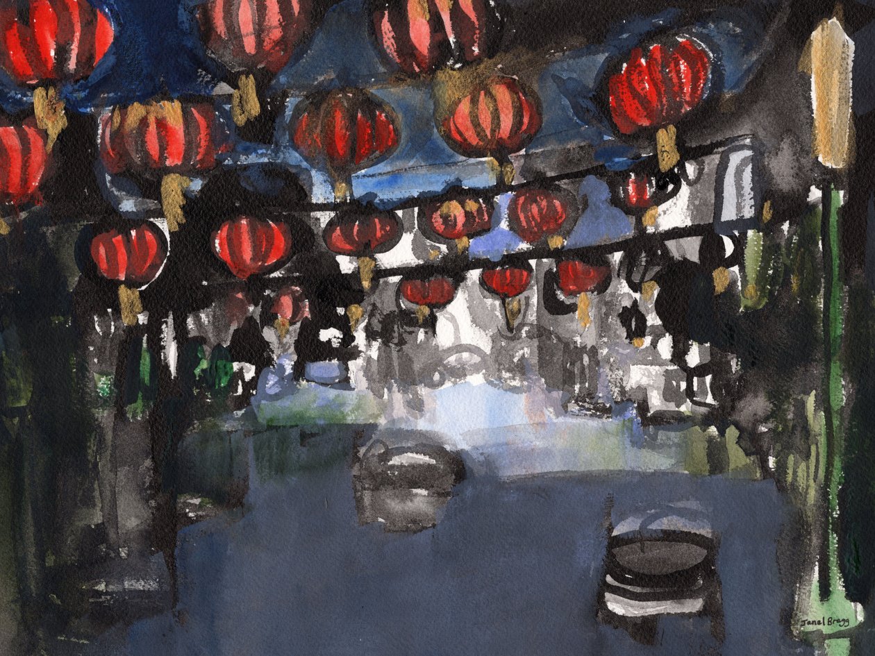 Chinatown, ca 2023 (sumi-tusch, akvarell på papper) av Janel Bragg