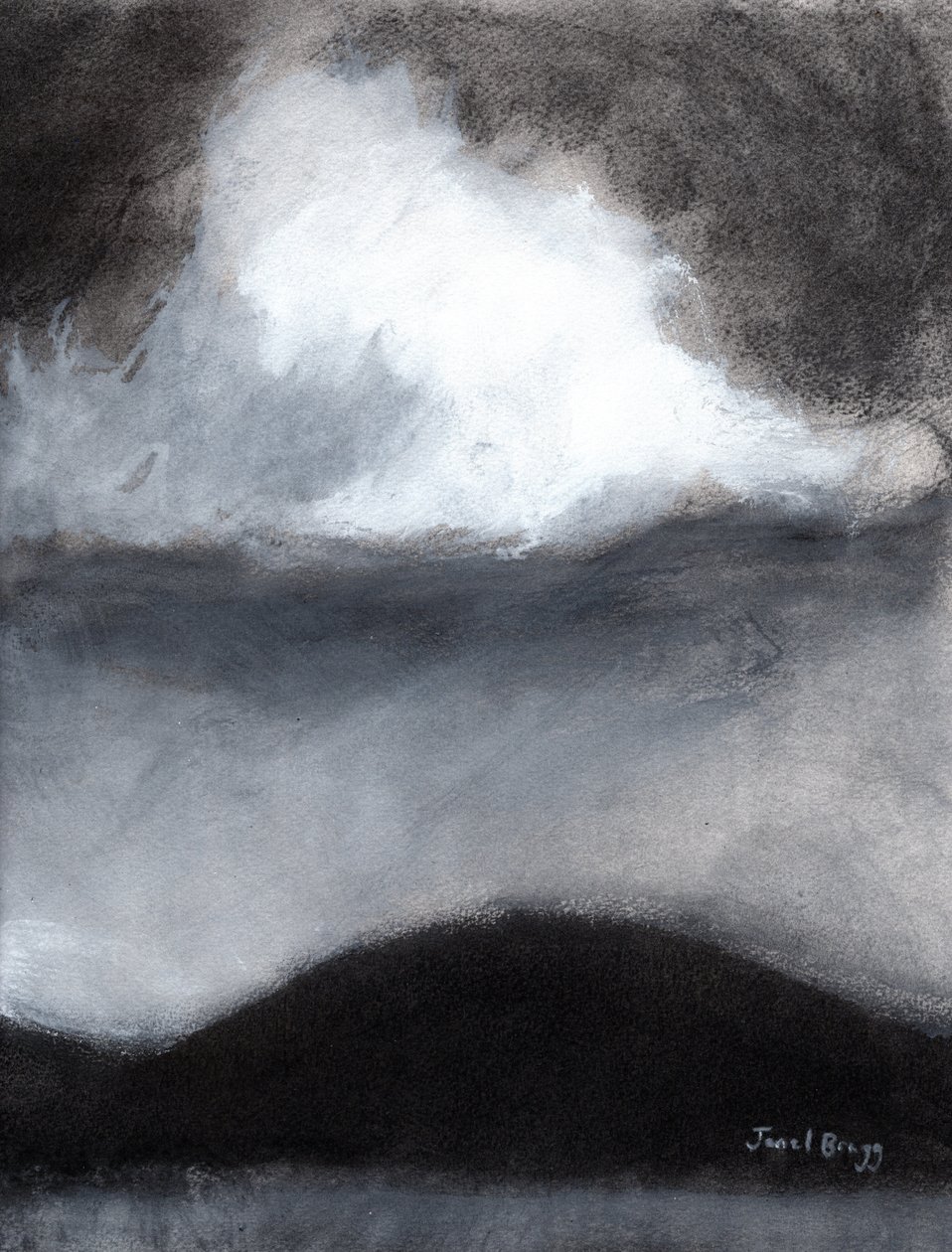 Moln över Guemes Island, ca 2020 (kol, bläck och gesso på papper) av Janel Bragg