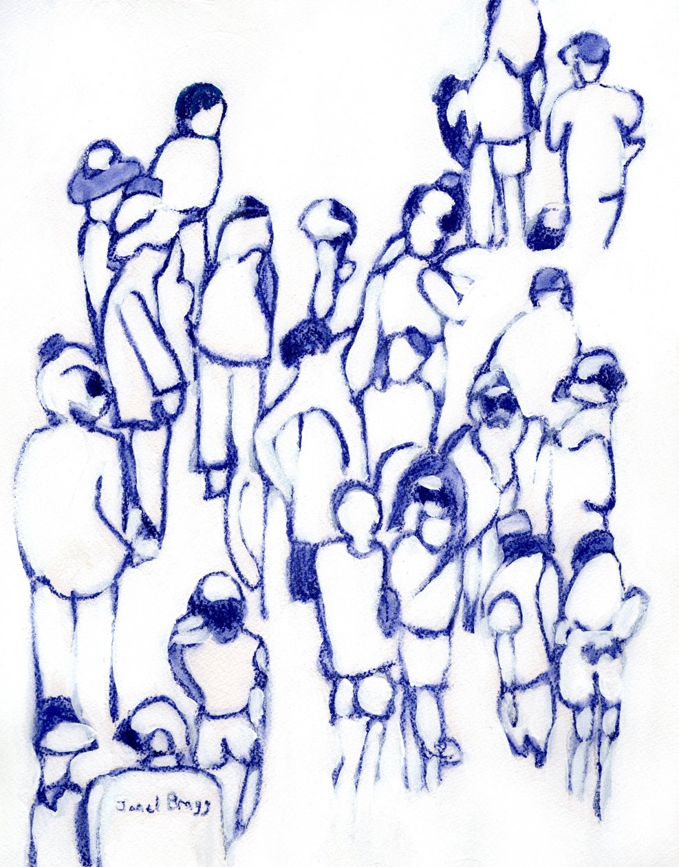 Crowd in Blue, ca 2024 (blandteknik på papper) av Janel Bragg
