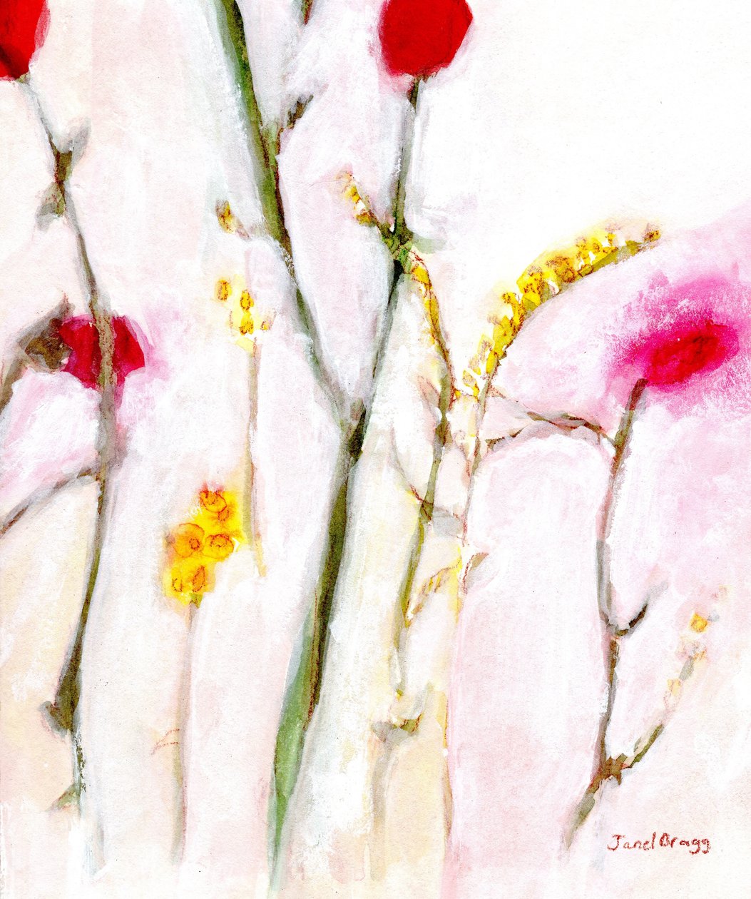 Blommor i orange och lila, ca 2019 (akvarell och kasein på papper) av Janel Bragg