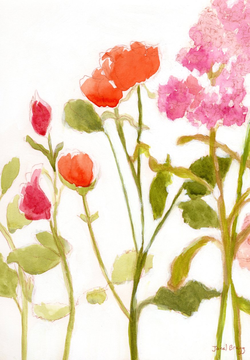 Blomma med orangea och rosa rosor, ca 2024 (akvarell och kasein på papper) av Janel Bragg