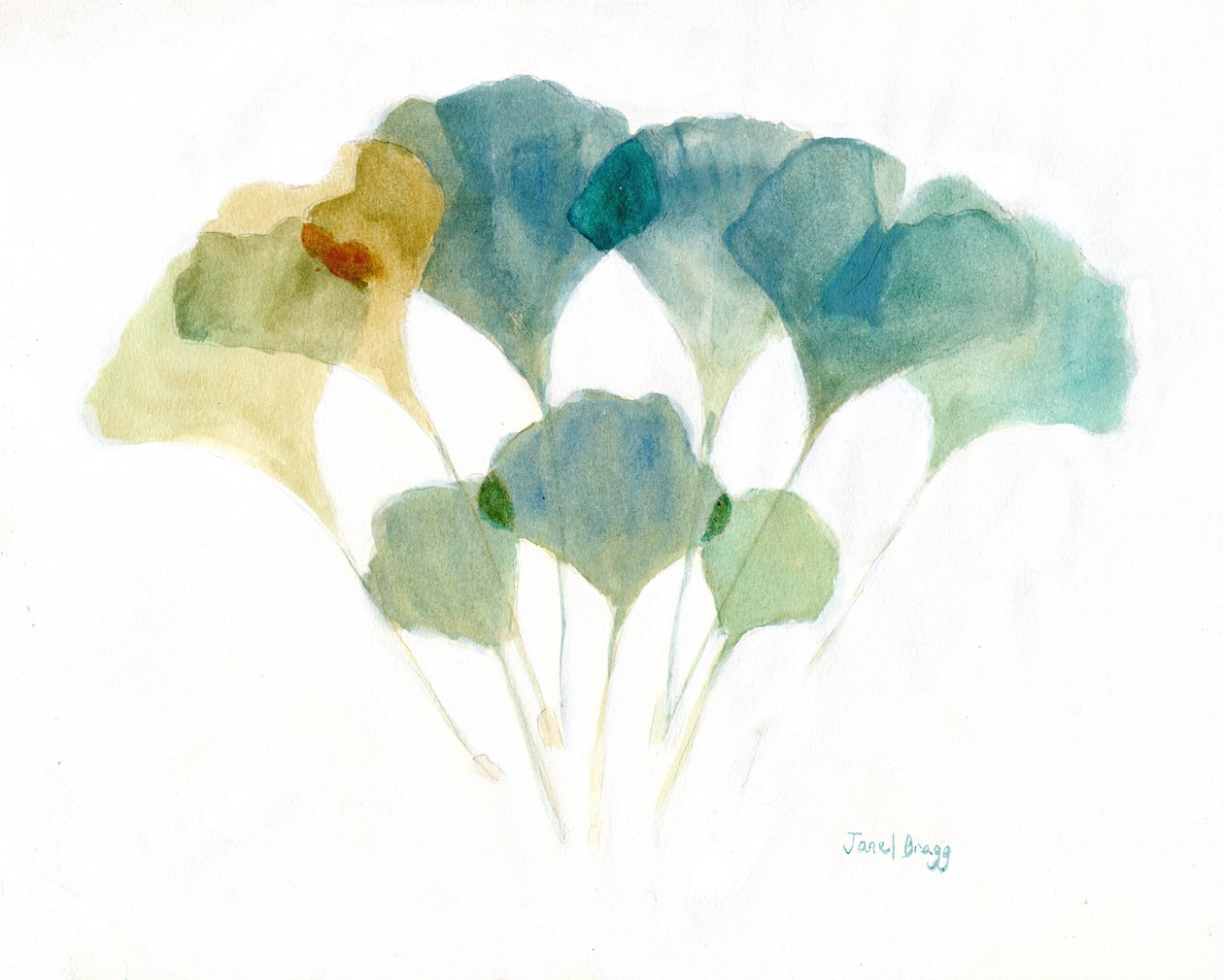 Ginkgoblad överlagrade med mjuka färger, ca 2021 (akvarell och kasein på papper) av Janel Bragg