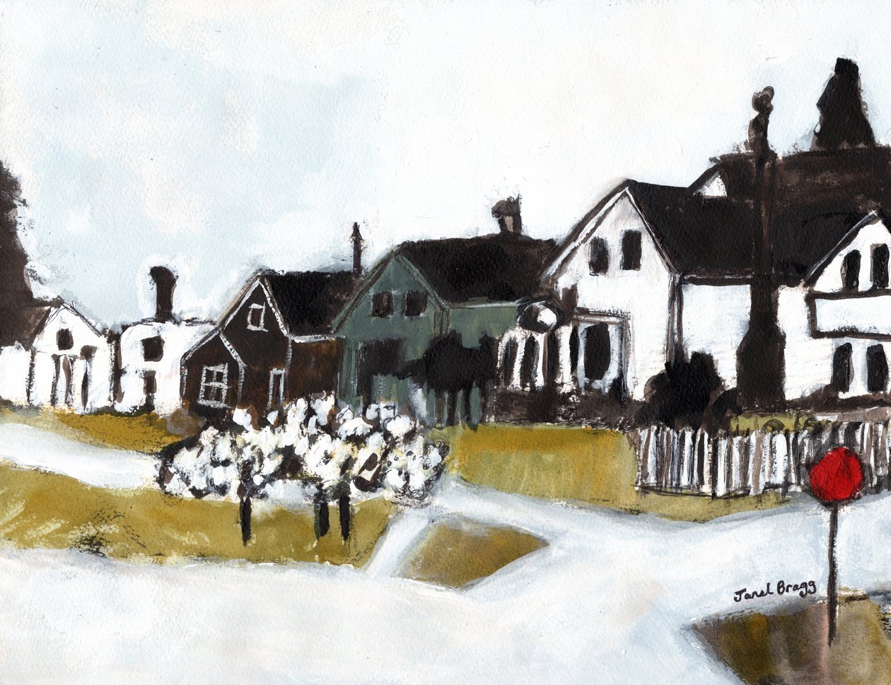 Houses on 7th Street, ca 2020 (akvarell, kasein och kol på papper) av Janel Bragg