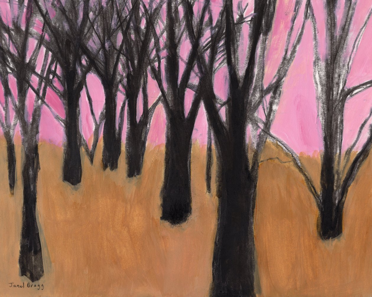 Landskap med svarta träd och rosa himmel, 2023 (akvarell på papper) av Janel Bragg