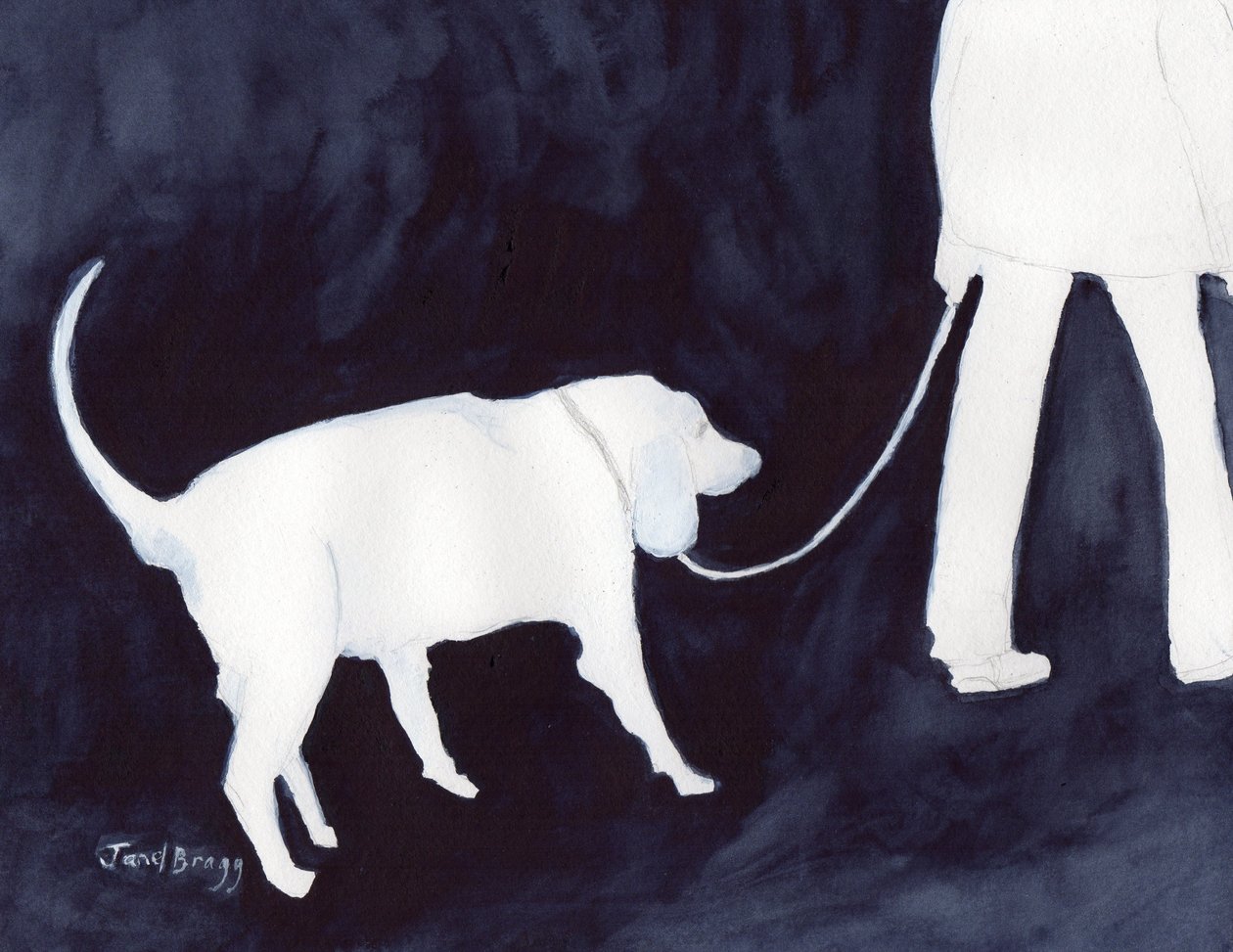 Man som rastar sin hund i Indigo II, ca 2018 (akvarell och blyerts på papper) av Janel Bragg