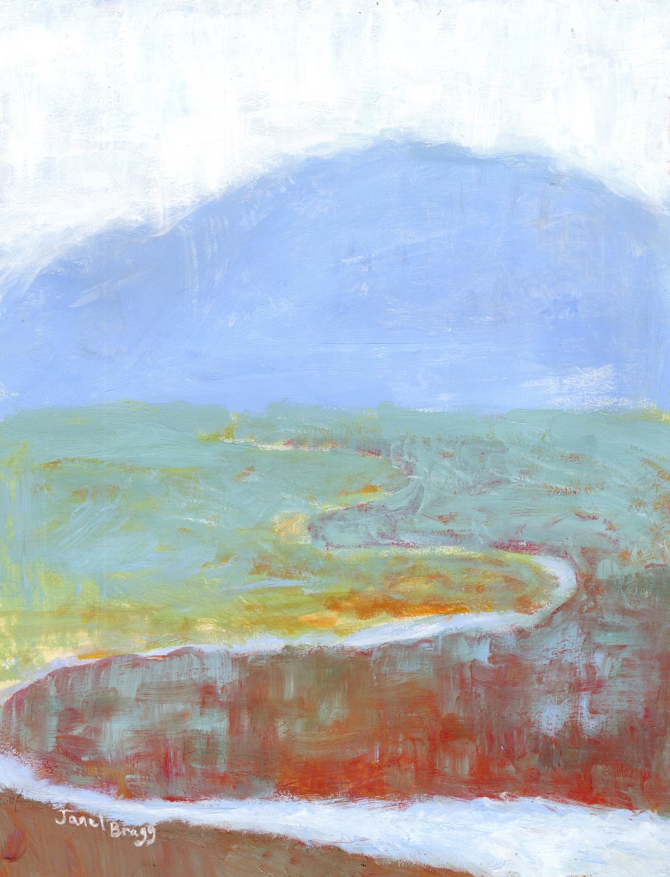 Mountainscape with Slough and Wildflowers for Annabelle, ca 2021 (kasein och akvarell på papper) av Janel Bragg