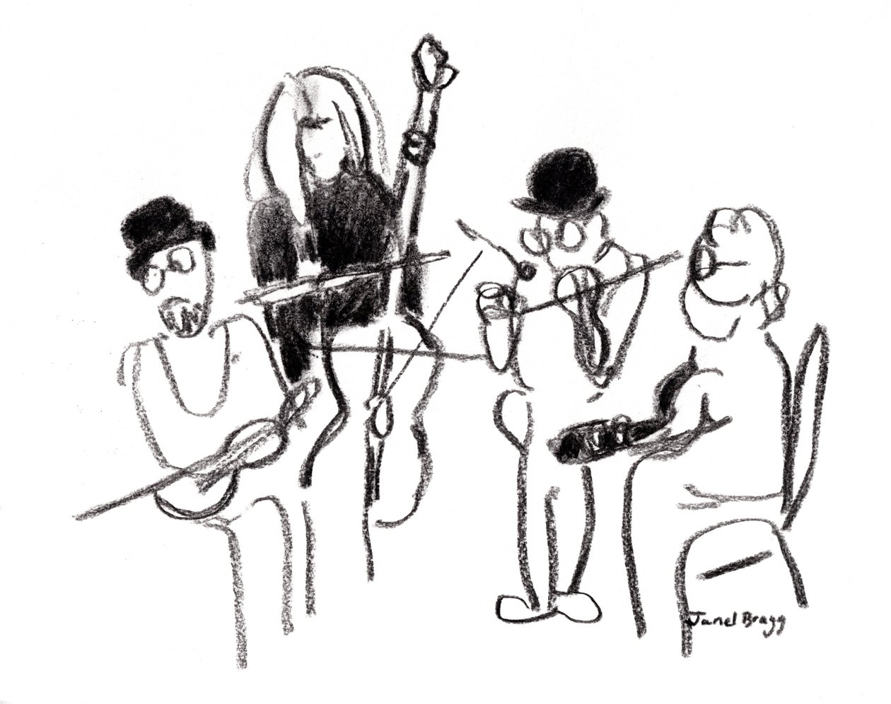 Musikanter på Victorian Festival, ca 2021 (kol på papper) av Janel Bragg