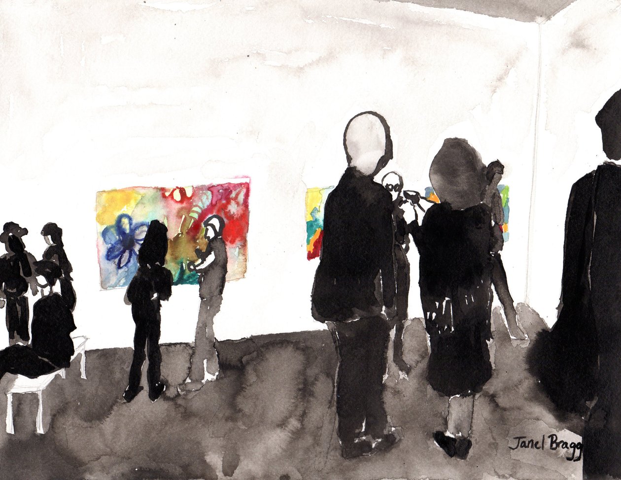 My Gallery Opening, ca 2015 (tusch och akvarell på papper) av Janel Bragg