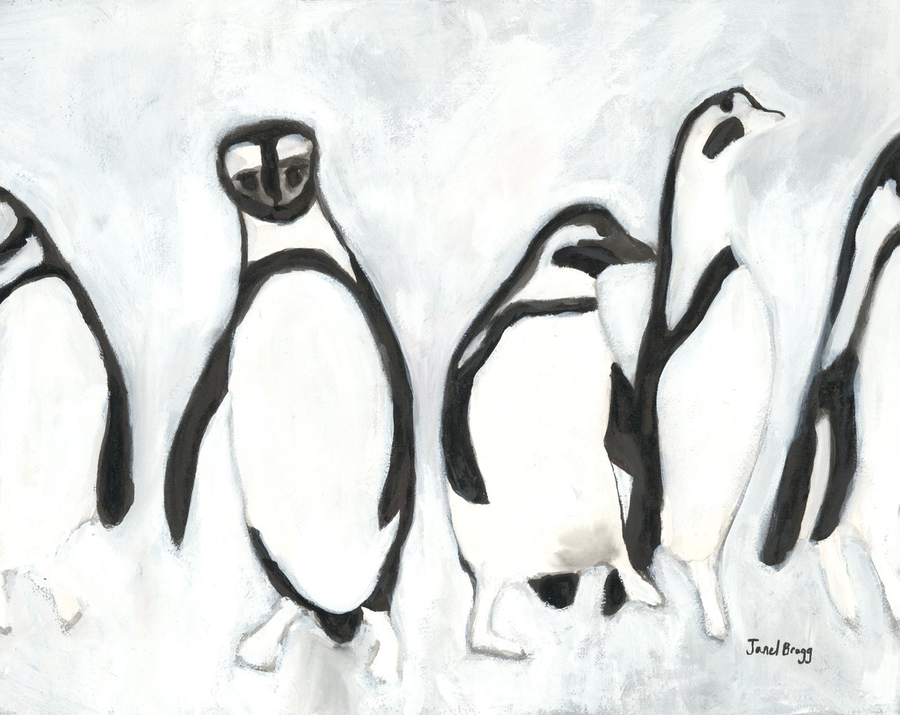 Penguins at Woodland Park Zoo, ca 2021 (sumi-tusch och gesso på papper) av Janel Bragg