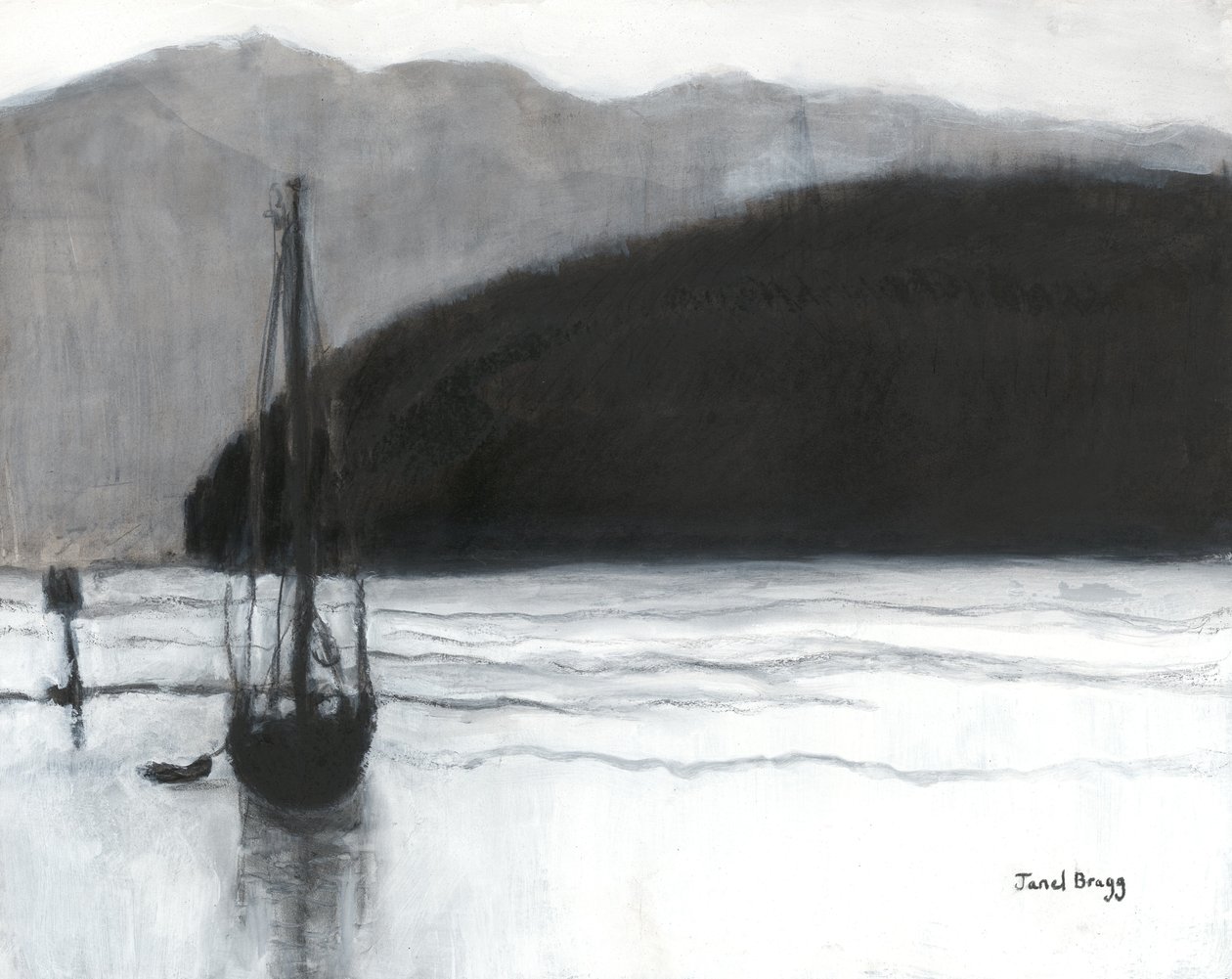 Sailboat in Anacortes Harbor, ca 2021 (kol, bläck och gesso på papper) av Janel Bragg
