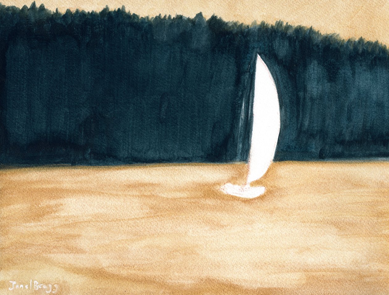 Segelbåt i Guemes Channel, ca 2024 (akvarell på papper) av Janel Bragg