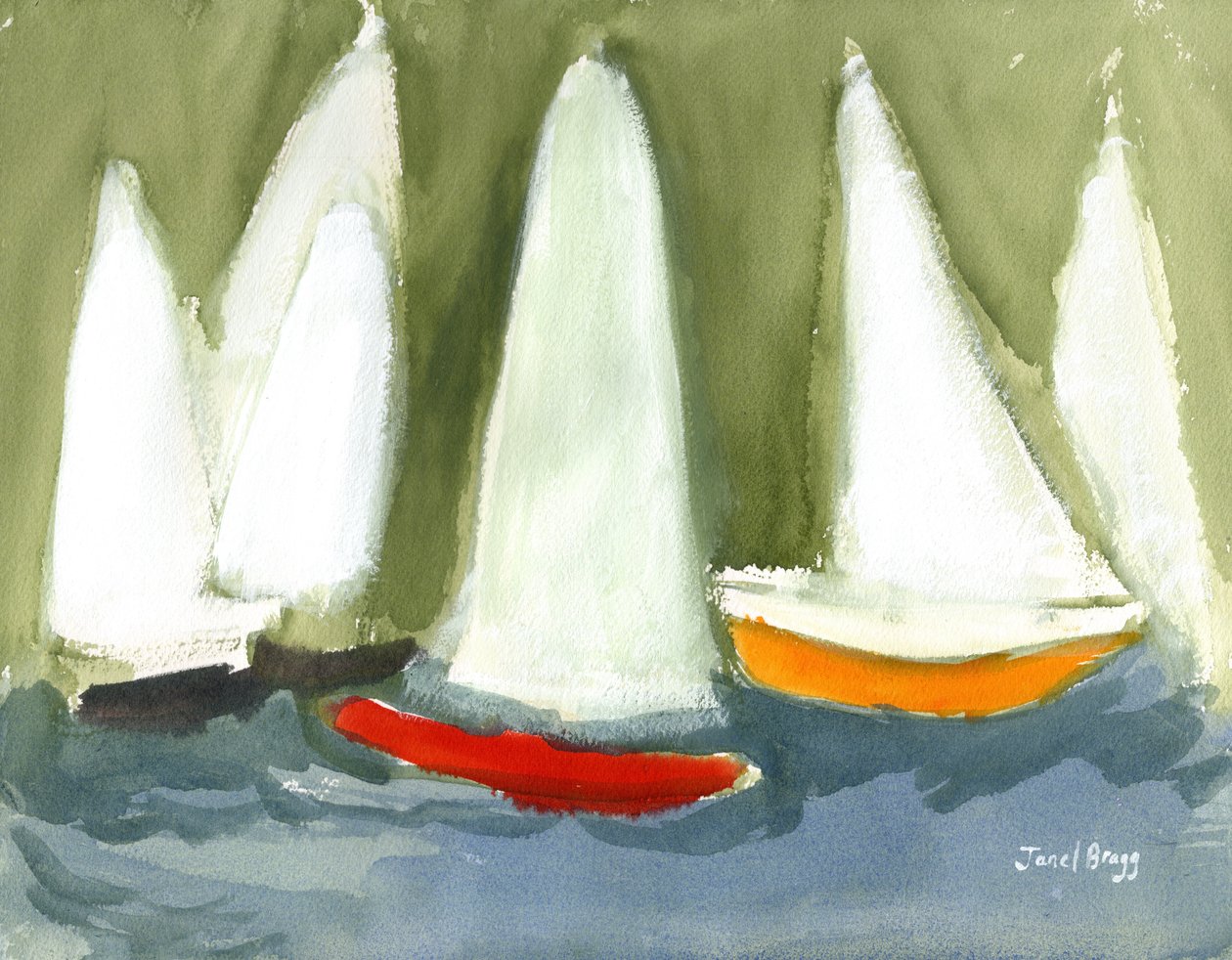 Sailboats in the Puget Sound, ca 2020 (kasein och akvarell på papper) av Janel Bragg