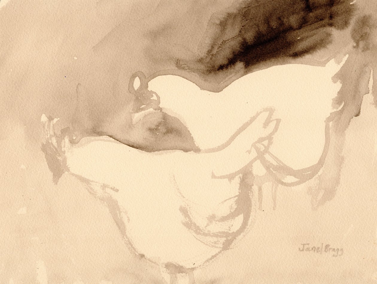 Schuh Farm Chickens, ca 2019 (tusch på papper) av Janel Bragg