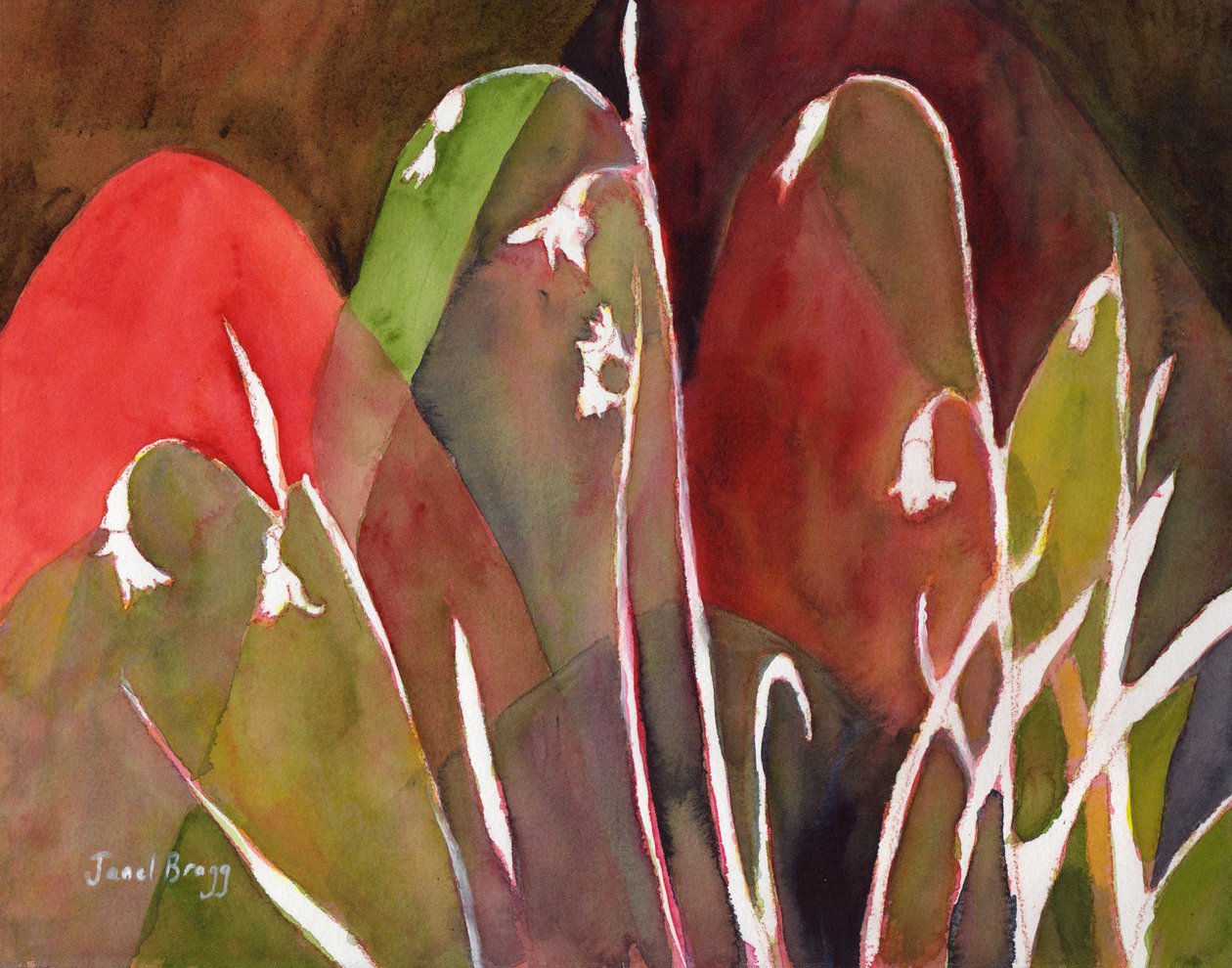 Snow Drops at the Gentry House, ca 2018 (akvarell och kasein på papper) av Janel Bragg