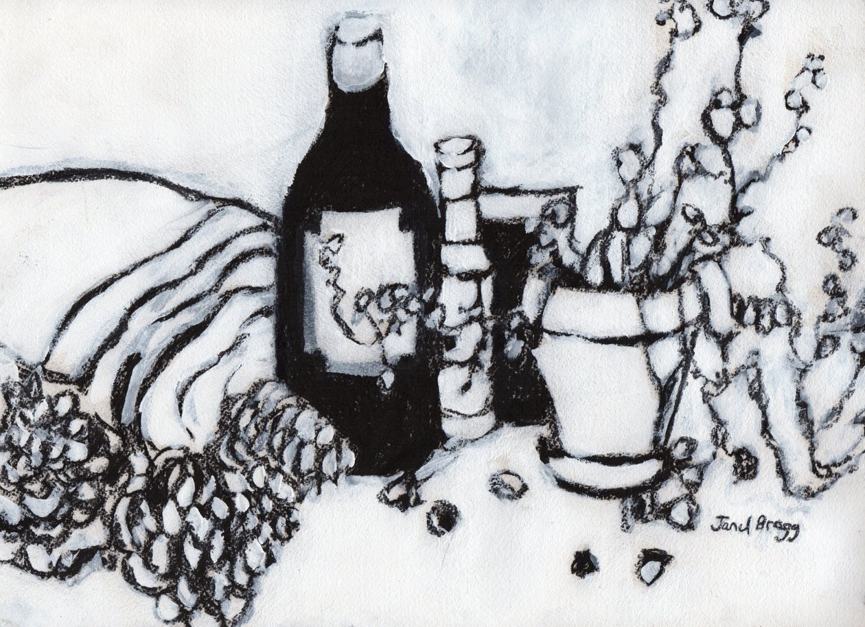 Stilleben med olivolja och kottar, ca 2017 (kol och gesso på papper) av Janel Bragg