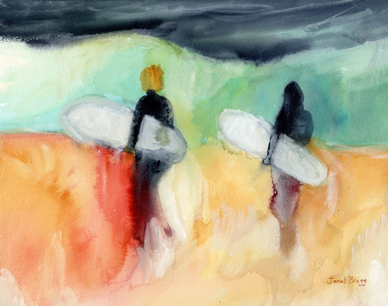 Surfers at Hanalei Bay, ca 2019 (akvarell och kasein på papper) av Janel Bragg