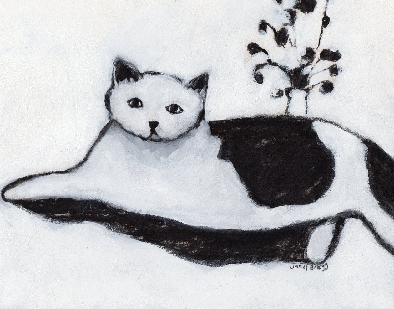 Thomas the Cat Lounging, ca 2018 (blandteknik på papper) av Janel Bragg