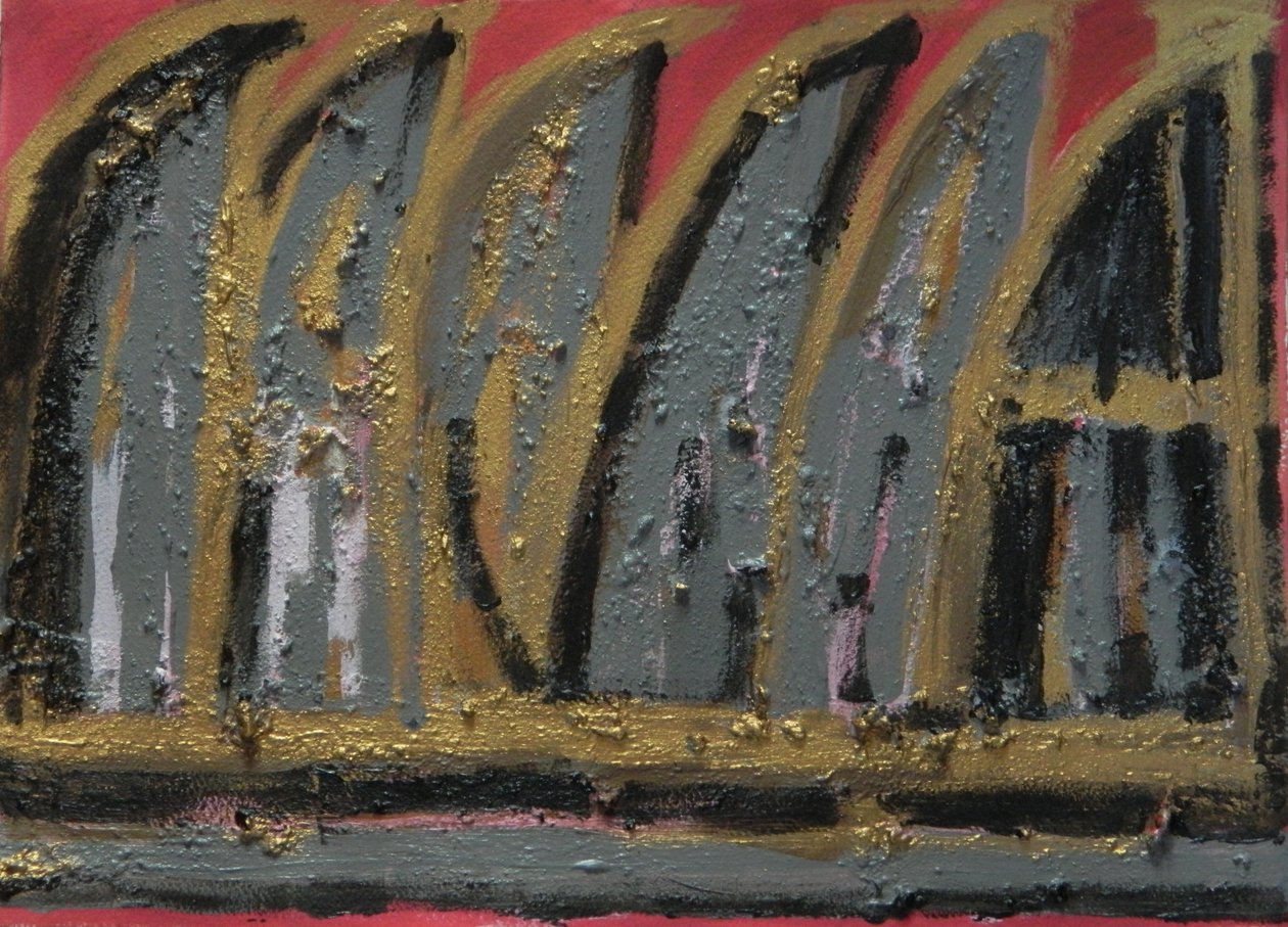 Burning House, 2013 (gouache, träaska och bladguld på papper) av Janet McKenzie