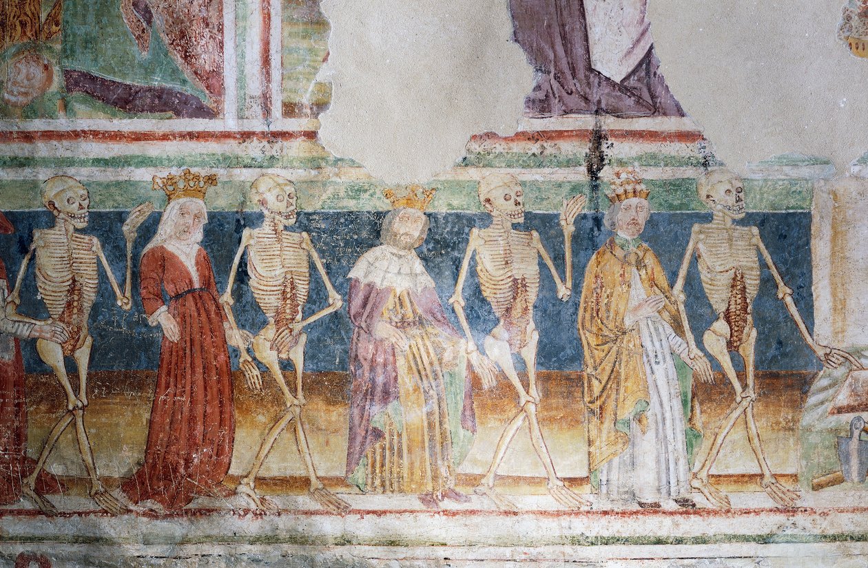 Hrastovlje befästa kyrka, Trefaldighetskyrkan, Döden som åtföljer påven och drottningen, Dödsdansen (1490), detalj från fresker av Janez Iz Kastva, Slovenien av Janez Kastav