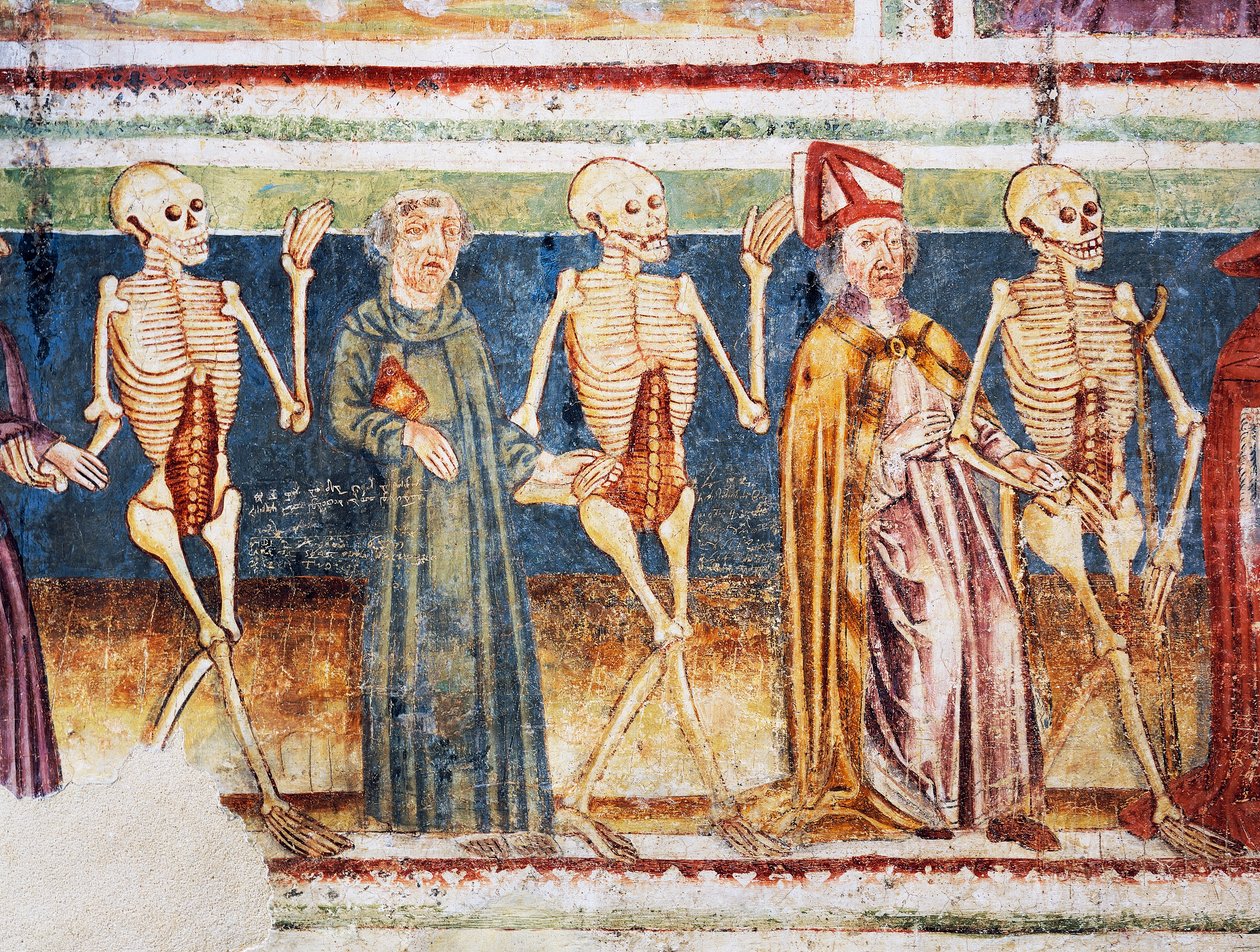 Hrastovlje befästa kyrka, Trefaldighetskyrkan, Döden som åtföljer biskop och munk, Dödsdansen (1490), detalj från fresker av Janez Iz Kastva, Slovenien av Janez Kastav