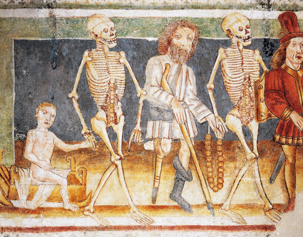 Hrastovlje befästa kyrka, Trefaldighetskyrkan, Döden som åtföljer barn och fattiga, Dödsdansen (1490), detalj från fresker av Janez Iz Kastva (1490), Slovenien av Janez Kastav