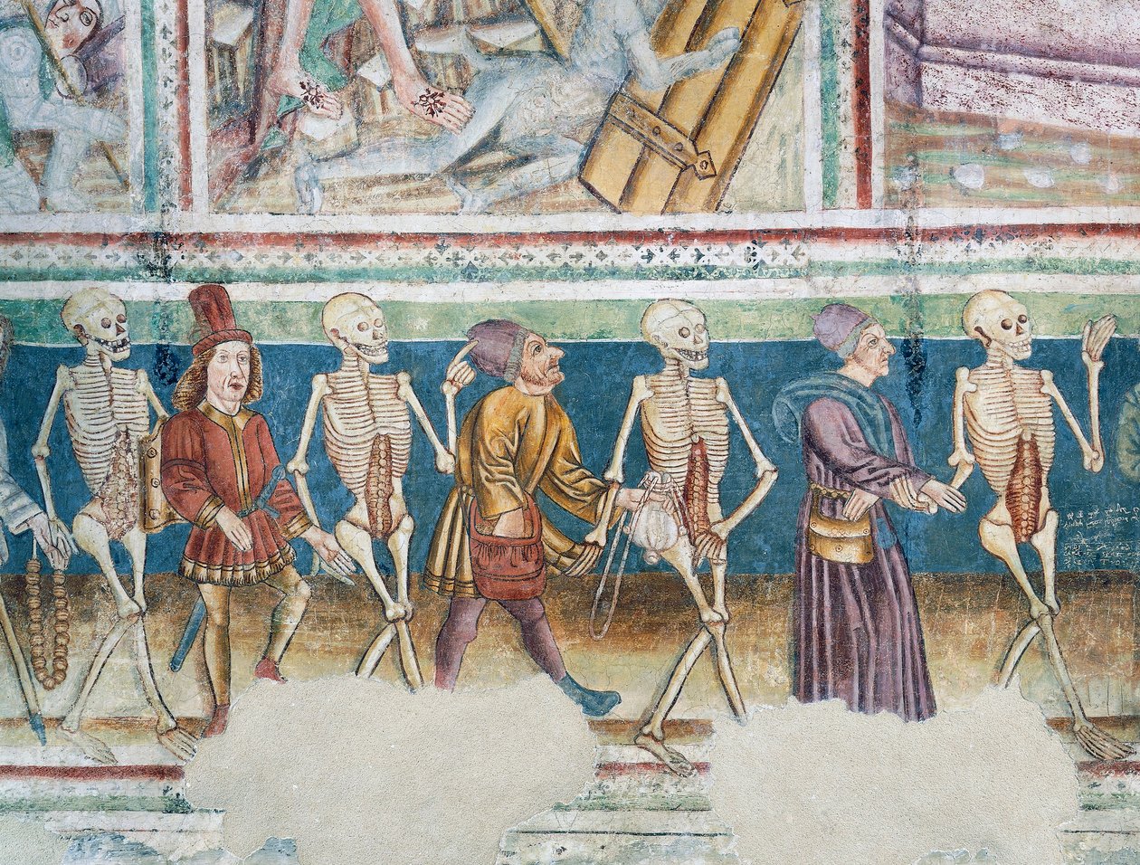 Hrastovlje befästa kyrka, Trefaldighetskyrkan, Döden som åtföljer köpman och rik bankir, Dödsdansen (1490), detalj från fresker av Janez Iz Kastva, Slovenien av Janez Kastav
