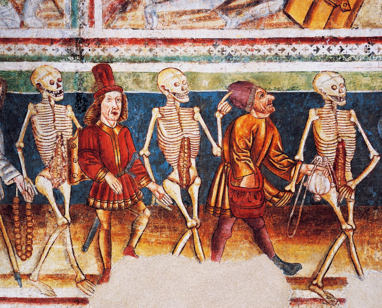 Hrastovlje befästa kyrka, Trefaldighetskyrkan, Döden som åtföljer köpman och förmögen bankir, Dödsdansen (1490), detalj från fresker av Janez Iz Kastva, Slovenien av Janez Kastav