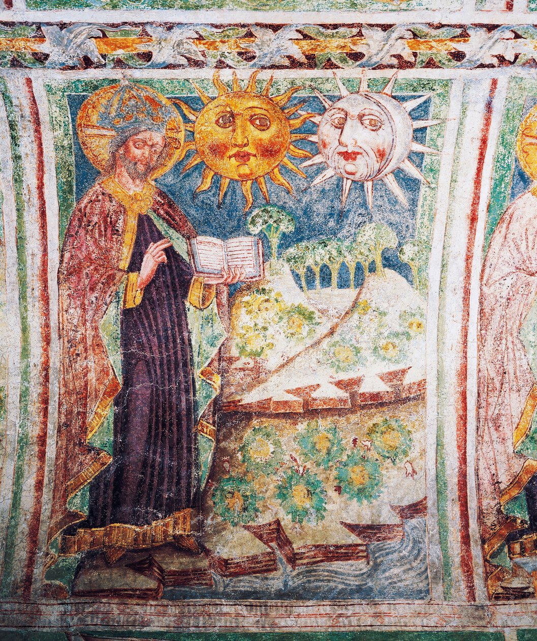 Hrastovlje befästa kyrka, Trefaldighetskyrkan, Genesis, Gud skapar sol, måne och stjärnor (1490), detalj från fresker av Janez Iz Kastva, Slovenien av Janez Kastav