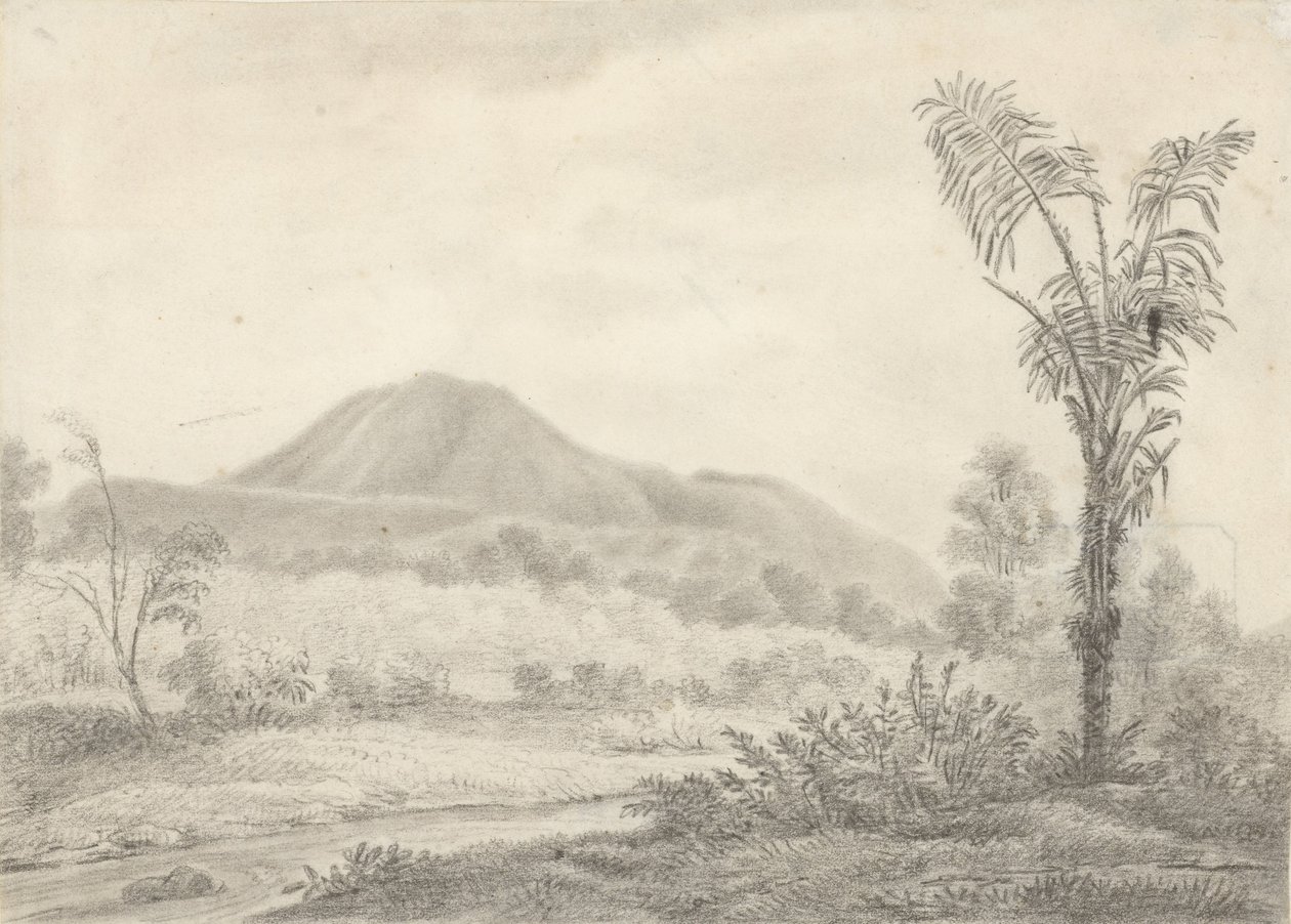 Javanesiskt landskap med berg och palm av Jannes Theodorus Bik