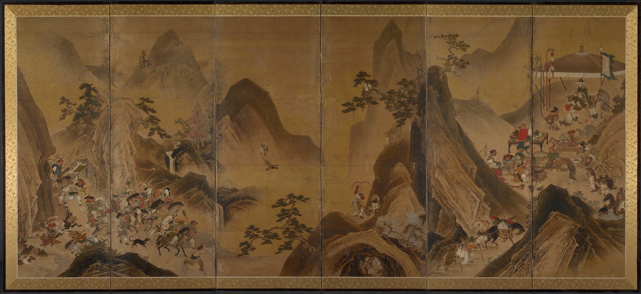 Tartarer på jakt i ett bergslandskap av Japan, Edo period