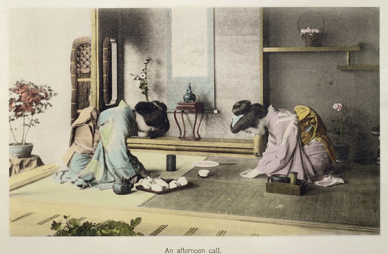 An Afternoon Call, c.1880 (handfärgat albumintryck på kort) av Japanese Photographer