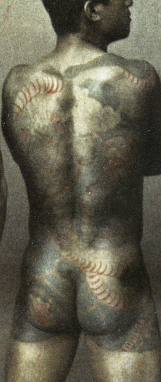 Man med traditionell japansk Irezumi-tatuering, ca 1880 (handfärgat albuminfoto) (detalj av 398092) av Japanese Photographer
