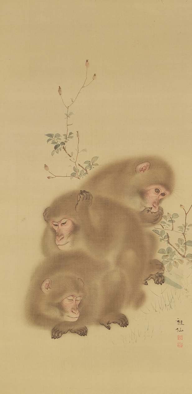 Baboon Family (bläck och färger på silke) av Japanese School