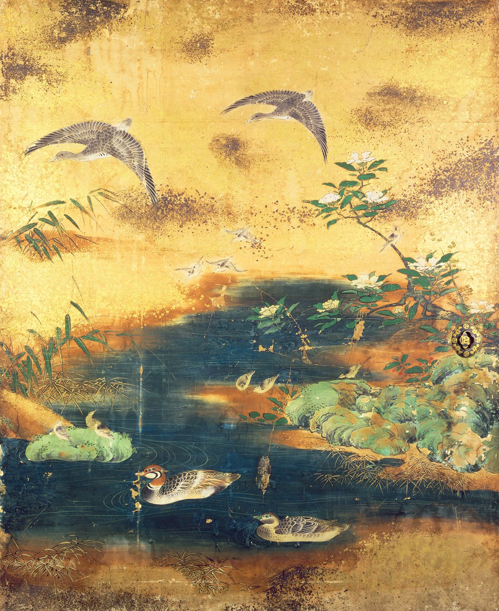 Skjutdörrspanel för fåglar och blommor (bläck, färger, guld och silver på papper) av Japanese School