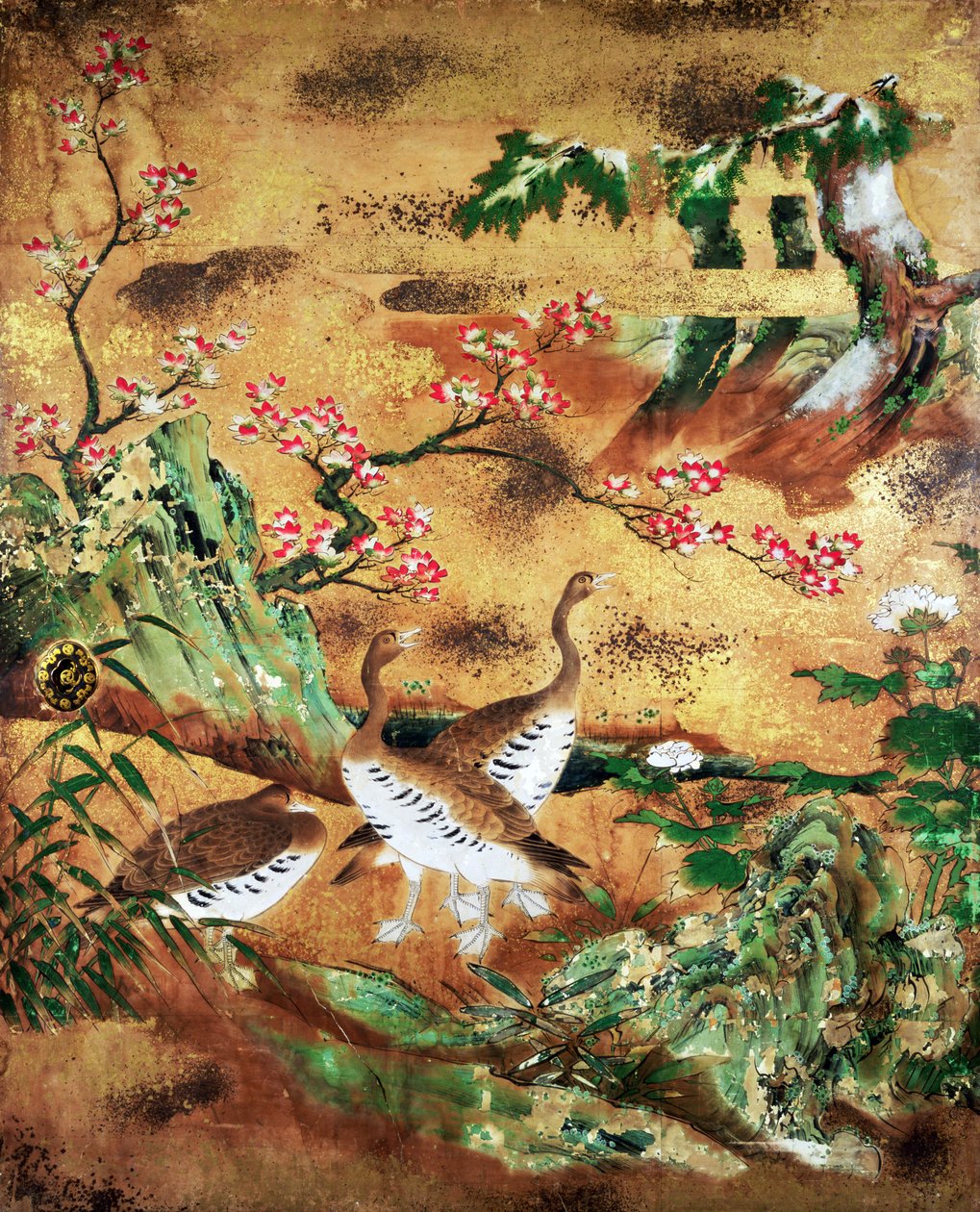 Skjutdörrspanel för fåglar och blommor (bläck, färger, guld och silver på papper) av Japanese School