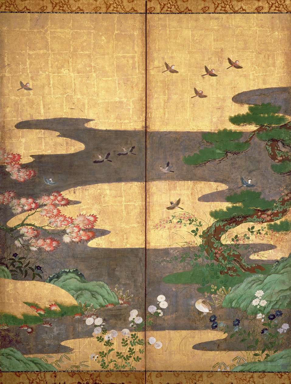Fåglar med höst- och vinterblommor (penna och bläck, färg och guldpapper på panel) (se 216542, 216543, 216545) av Japanese School