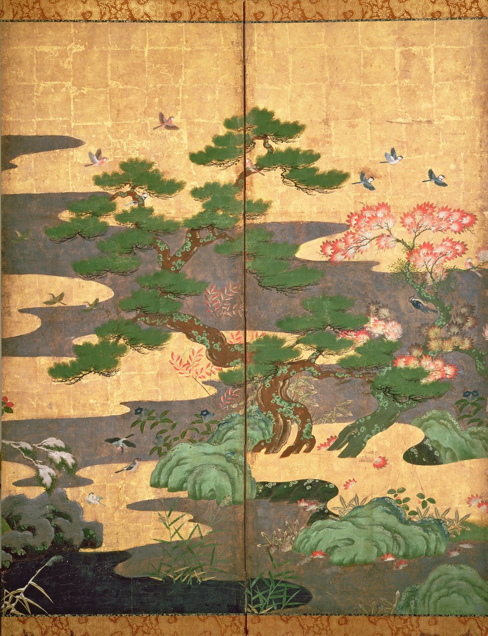 Fåglar med höst- och vinterblommor (penna och bläck, färg och guldpapper på panel) (se 216542, 216544, 216545) av Japanese School