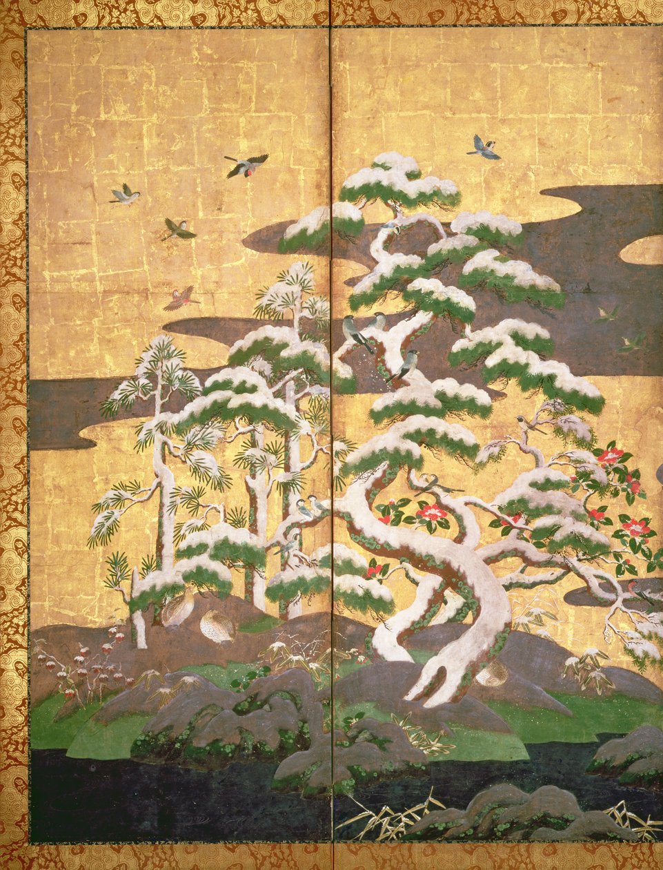 Fåglar med höst- och vinterblommor (penna och bläck, färg och guldpapper på panel) (se 216543, 216544, 216545) av Japanese School