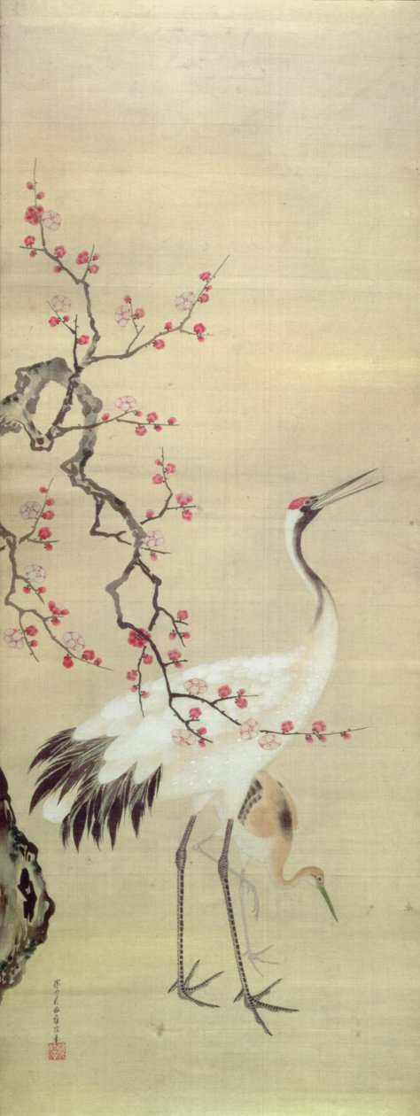Crane and Blossom, ca 1850-80 (bläck och färg på siden) av Japanese School