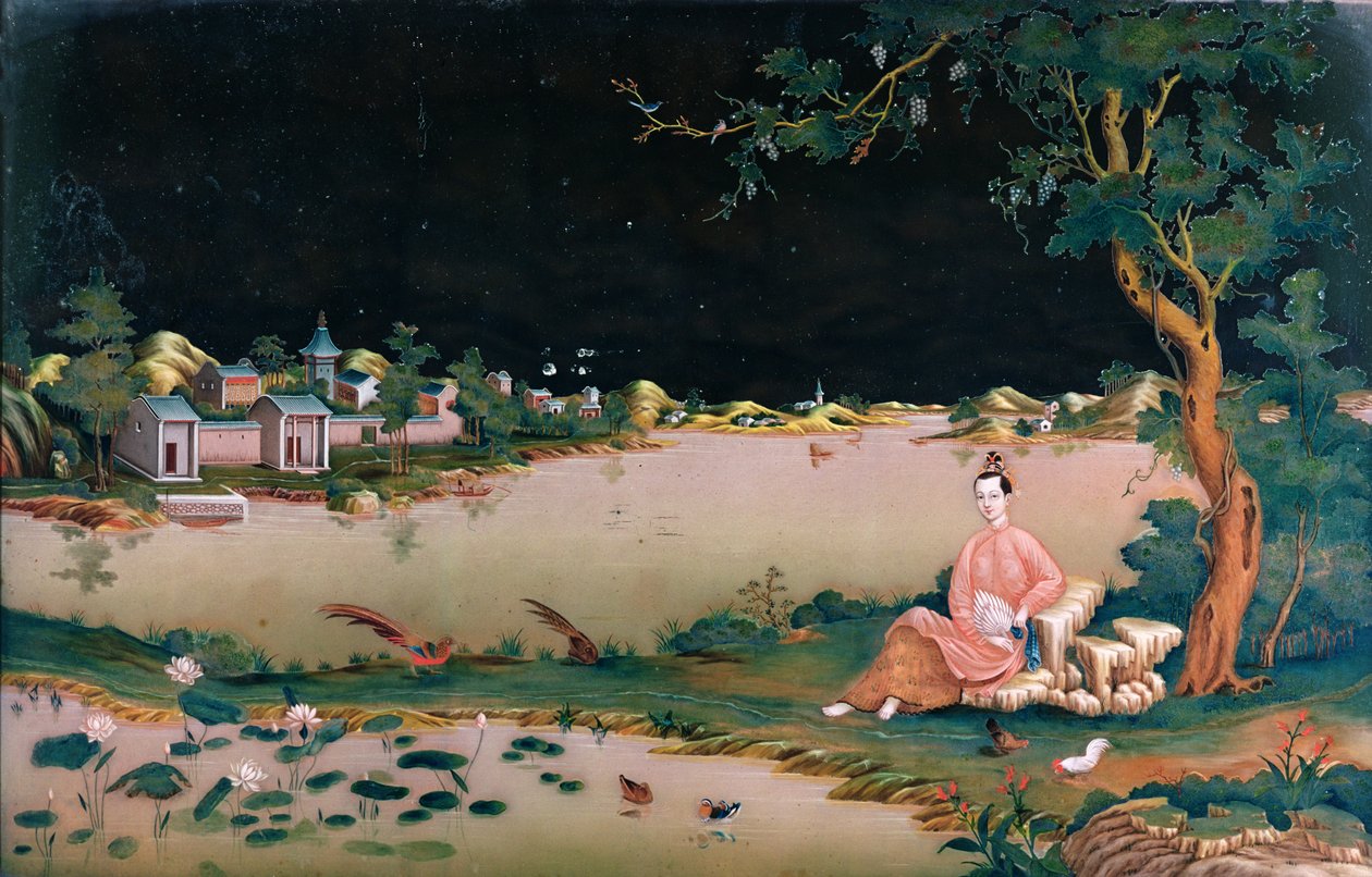 Japansk spegelmålning som visar en flicka sittande, ca 1800 av Japanese School