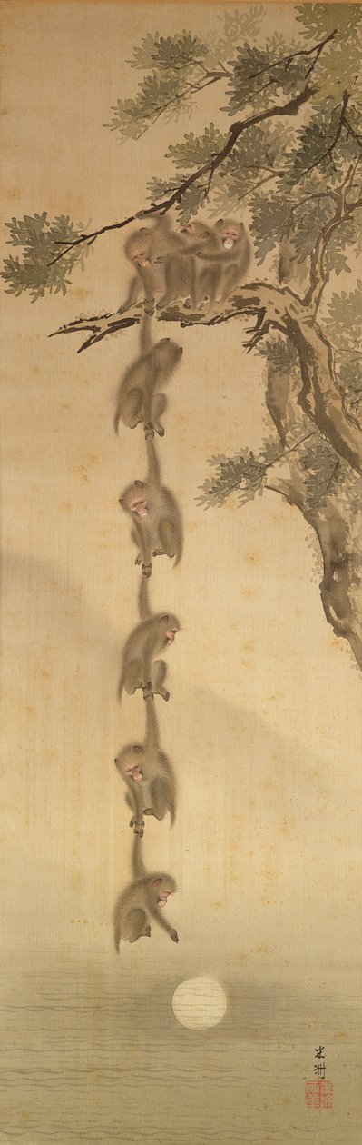 Aber rækker ud efter Månen, Edo-perioden (1603-1867) (blæk på papir) av Japanese School